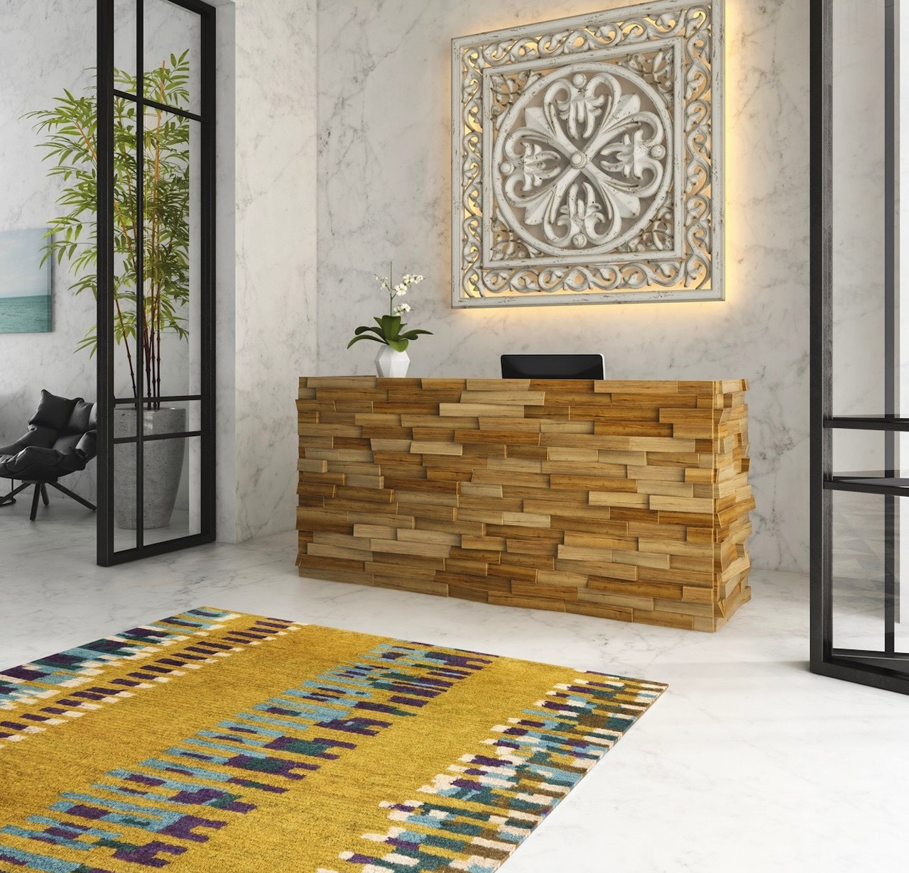 Rug in front of a wooden sideboard